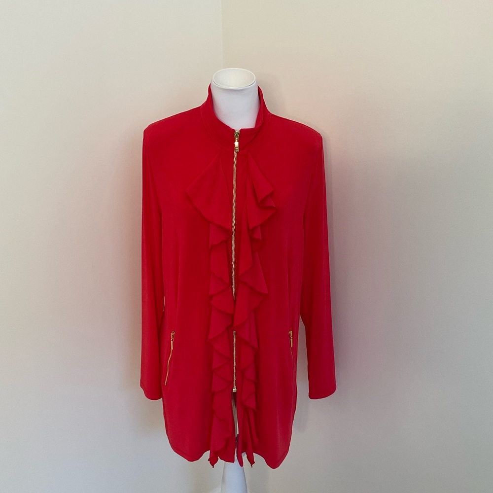 Chico’s Travelers Red Long Sleeve Cardigan Jacket With Gold Zipper Accents